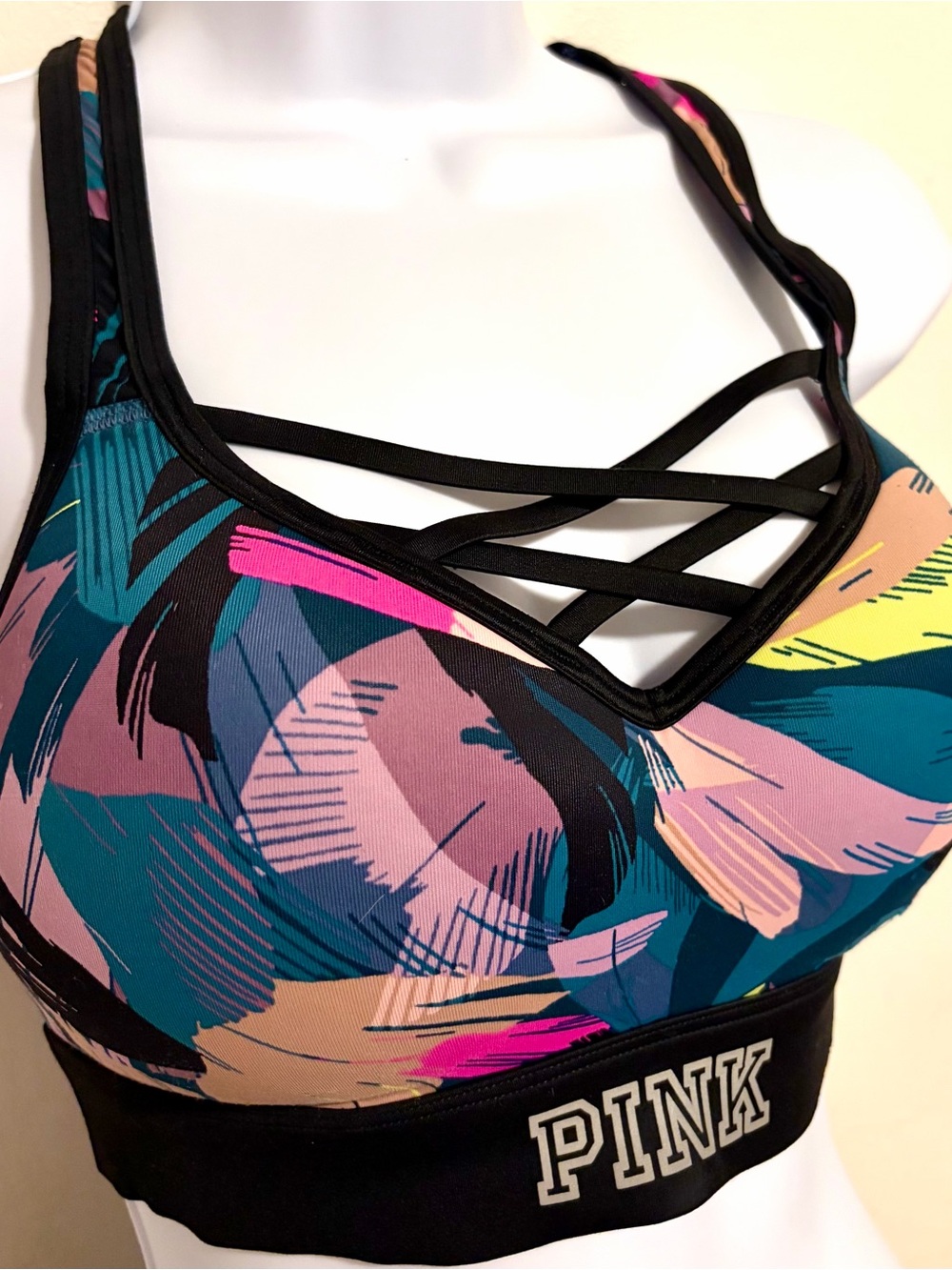 PINK Victoria's Secret Teal & Pink Abstract Strappy Sports Bra